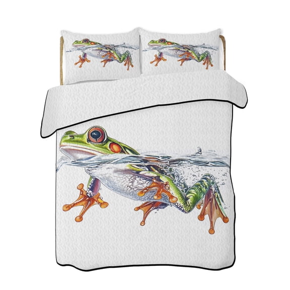 Watercolor Frog Vintage Frog Quilts Bedding Set King Size Water Surface Frog Lightweight Quilted Bedspread 3 Piece Bed Quilt with 2 Pillow Shams All Season for Bedroom 90" x 96"