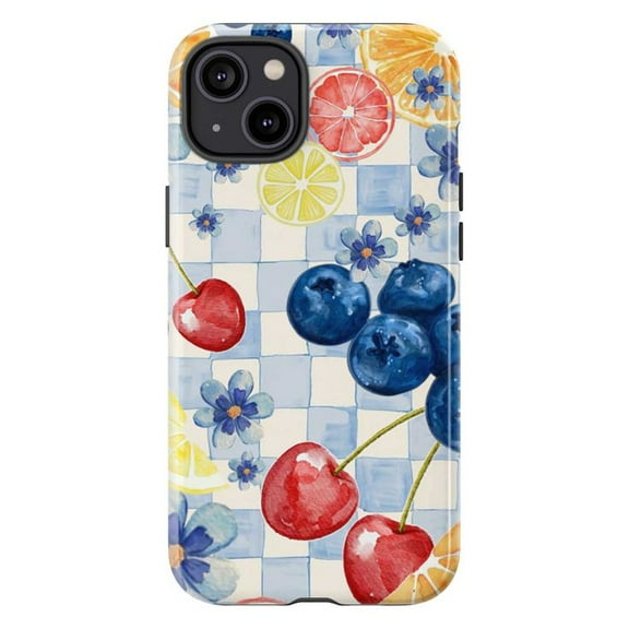 Watercolor Fruit & Floral Checkered Phone Case for iPhone 16 15 14 13 12 11 Pro Max Plus Mini – Blueberry, Cherry & Citrus Design, Vintage Summer Aesthetic Protective Phone Cover