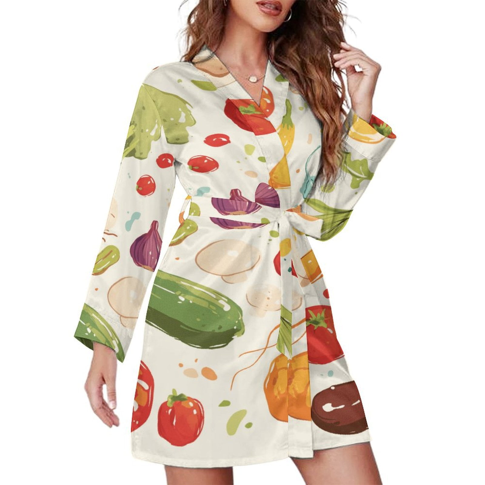 Watercolor Fruits And Vegetables Night Robe Long Sleeve V Neck Robe ...