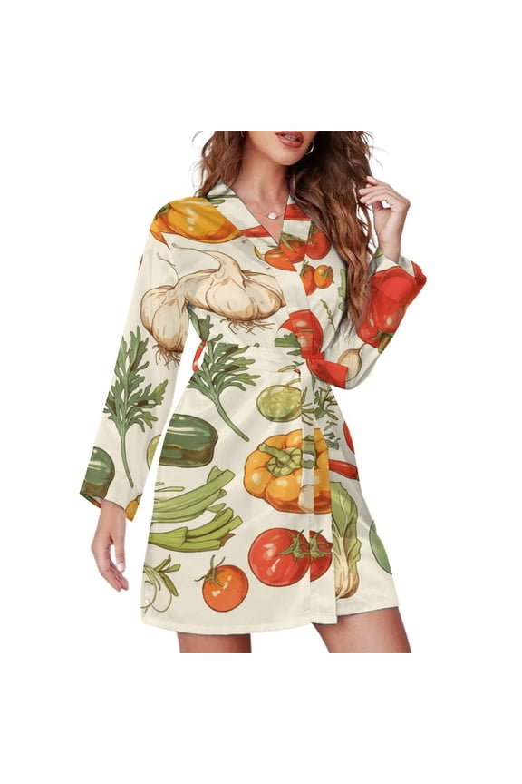 Watercolor Fruits And Vegetables Night Robe Long Sleeve V Neck Robe With Belt Women's Sleepwear Dresses