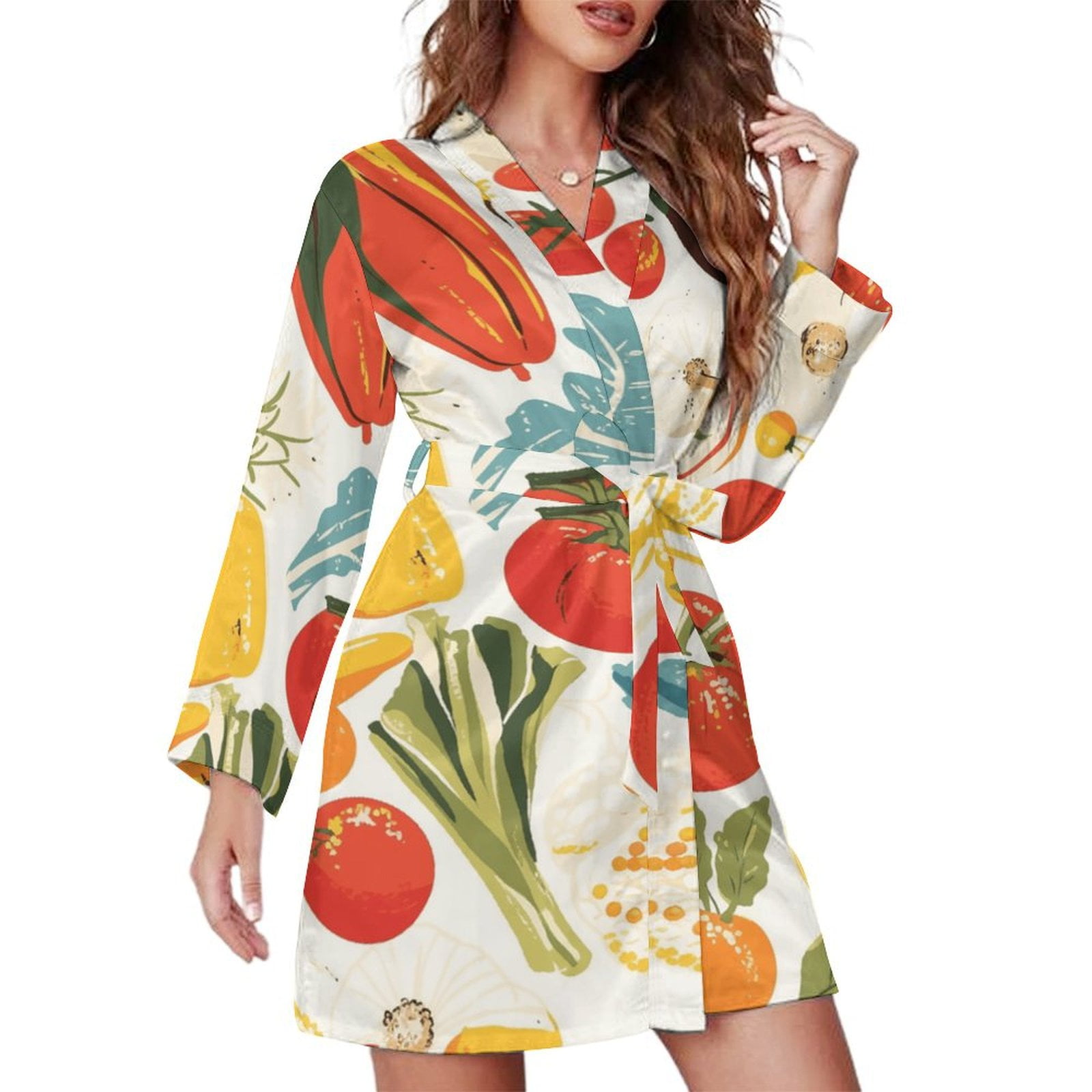 Watercolor Fruits And Vegetables Night Robe Long Sleeve V Neck Robe ...