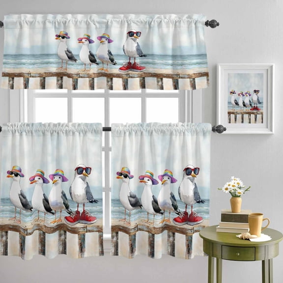 Watercolor Funny Seagull Bird Curtain Tier and Valance Set 3 Piece, Ocean Beach Coast Scene 3-inch Rod Pocket Window Tier Curtains Valance for Kitchen Living Room