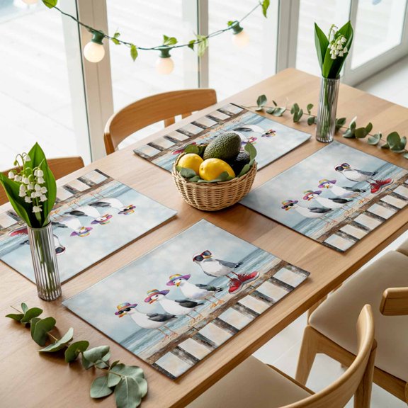 Watercolor Funny Seagull Bird Placemats Set of 4,Wipeable Washable Table Mats for Dining Tables, Ocean Beach Coast Scene Place Mats for Kitchen Event Party Tabletop Decor