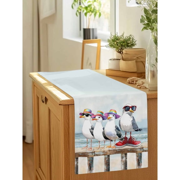 Watercolor Funny Seagull Bird Table Runner 36 Inches Long,Kitchen Dining Tablerunners Ocean Beach Coast Scene Linen Table Runners Dresser Scarves for Home Dinner Wedding Holiday Party Decor