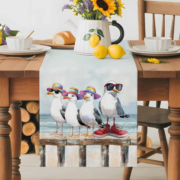 Watercolor Funny Seagull Bird Table Runner 36 Inches Long, Ocean Beach Coast Scene Table Runners Tabletop Scarf Kitchen Dining Tables Decoration for Home Party Indoor Outdoor