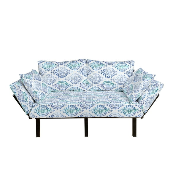 Watercolor Futon Couch, Old Fashioned Floral Motifs Traditional Moroccan Elements Classical, Daybed with Metal Frame Upholstered Sofa for Living Dorm, Loveseat, Sea Green Violet Blue, by Ambesonne