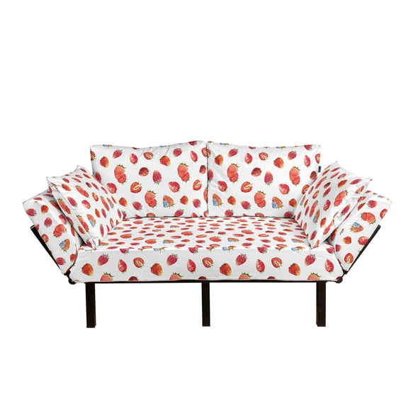 Watercolor Futon Couch, Pattern Ripe Strawberries Blueberries Tasty Fresh Fruits, Daybed with Metal Frame Upholstered Sofa for Living Dorm, Loveseat, Slate Blue Vermilion, by Ambesonne