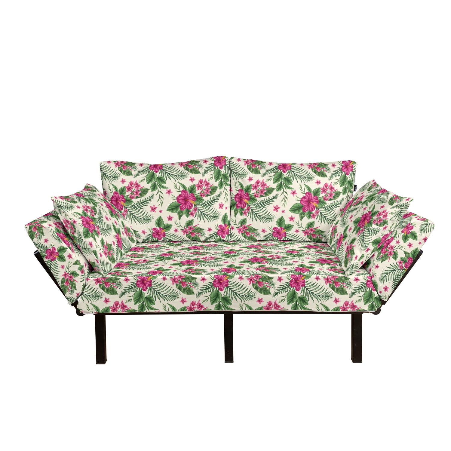 Watercolor Futon Couch, Plumeria and Hibiscus Flora Tropical Island