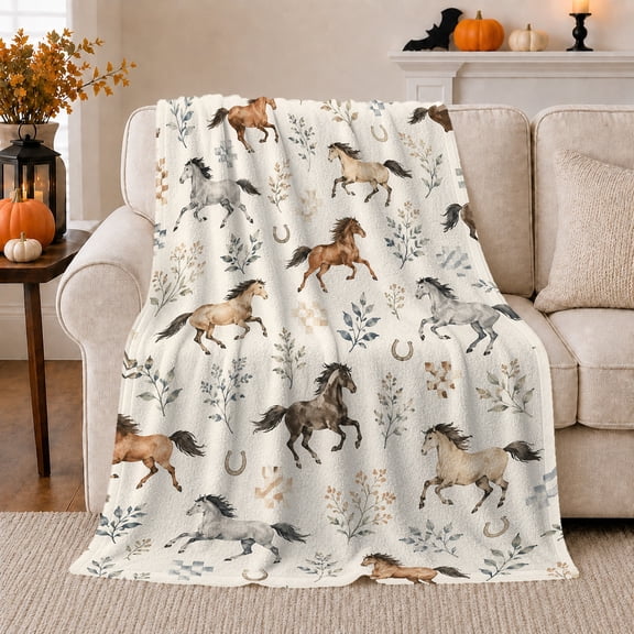 Watercolor Galloping Horses Autumn Leaves, Rustic Farmhouse Horse Scene, Warm Flannel Blanket for Ranch House and Living Room, Horse Lovers Thanksgiving Gift, Rustic Home Decor