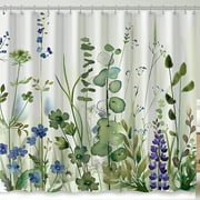 Watercolor Garden Bliss: Green Plants & Blue Flowers Shower Curtain for Bathroom Decor