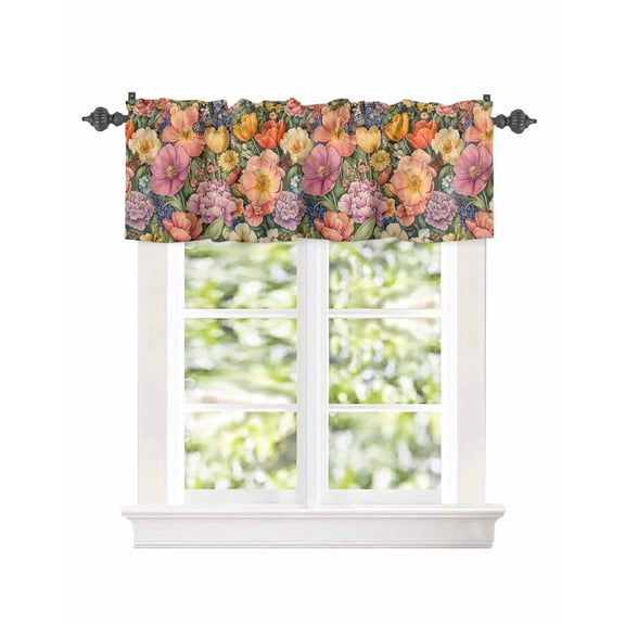 Watercolor Garden Blossom Flower Curtain Valances for Kitchen Windows,Rod Pocket Short Valance Summer Spring Floral Art Window Treatment for Living Room Bathroom Bedroom,42" x 12"-1 Panel