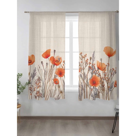 Watercolor Garden Flower Plant Chiffon Sheer Curtains 72 Inches Long, Blossom Poppy Floral on Burlap 2 Rod Pocket Window Treatment Voile Drapes Curtains for Living Room Bedroom,2 Panels, 52x72In