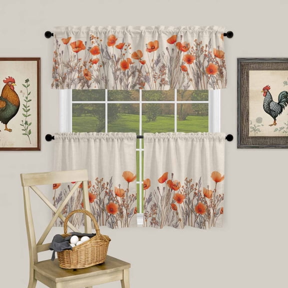 Watercolor Garden Flower Plant Curtain Tier and Valance Set 3 Piece, Blossom Poppy Floral on Burlap 3-inch Rod Pocket Window Tier Curtains Valance for Kitchen Living Room