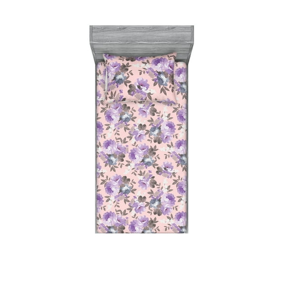 Watercolor Garden Scene Fitted Sheet & Pillow Sham Set, Soft Tones Flowers Vintage Style Pattern with Leaves Garden Art, Decorative Printed 2 Piece Bedding Decor, Twinxl, Blush Lavender, by Ambesonne