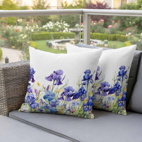 Watercolor Garden Spring Flower Iris Waterproof Throw Pillow Covers Set of 2 Blossom Floral on White Outdoor Cushion Cover Pillow Protector Decorative Pillowcases for Bed Sofa Couch