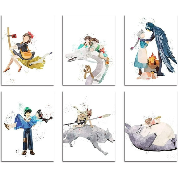 Watercolor Ghibli Movie Prints - Set of 6 (8x10 Inches) Glossy Anime Wall Art Decor - My Neighbour Totoro - Spirited Away - Howl's Moving Castle - Castle in the Sky - Princess Mononoke