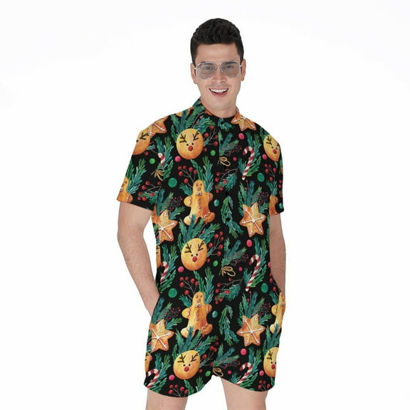 Watercolor Gingerbread Pattern Short Sleeve Men'S Rompers Casual Summer Jumpsuits Outfit