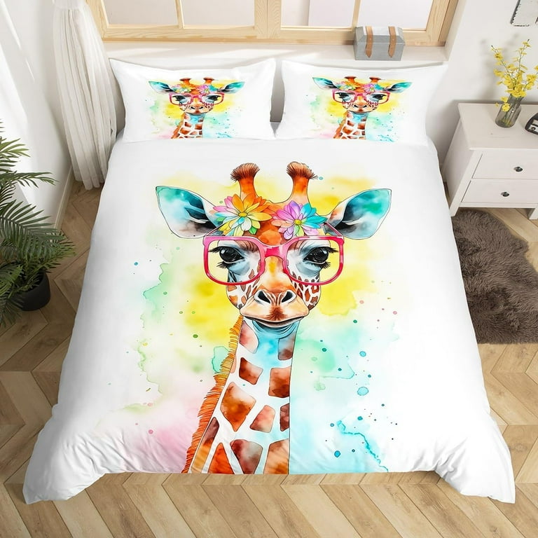 Watercolor Giraffe Kids Duvet Cover Set King Size,Cartoon Animals
