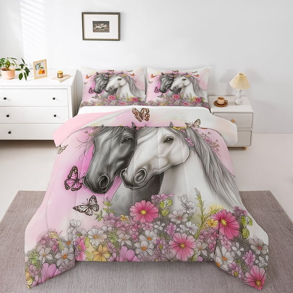 Watercolor King Bedding Set 3 Piece,Black And White Horses Comforter Set Adults,Aesthetic Butterfly Floral Bedding Comforter Sets,Western Country Bed Sets (Pink Reversible)
