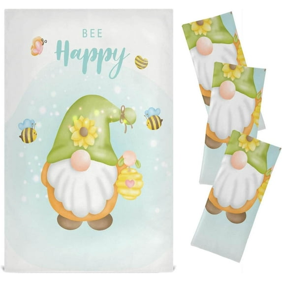 Watercolor Gnome Kitchen Dish Tea Towels 4 Pack, Summer Cartoon Bee Absorbent Hand Towels Lint-Free 18"x28" Drying Hanging Dishcloths for Home Tea Bar Clean