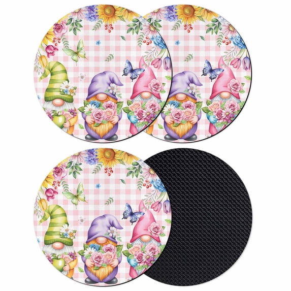 Watercolor Gnomes Floral Coasters Set of 4, Absorbent Coasters for Drinks, Spring Butterflies Flowers Pink Plaid Coaster for Desk Coffee Table Protection, Home Decor House Warming Gifts 4"