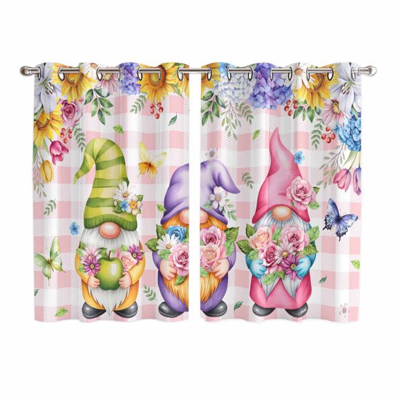 Watercolor Gnomes Floral Kitchen Curtains Window Panels, Spring Butterflies Flowers Pink Plaid Insulated Window Treatment Curtain, Grommet Curtains for Bedroom/Living Room/Bathroom, 2 Piece 52"Wx63"L