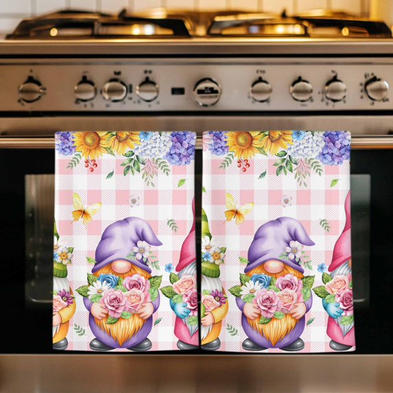 Watercolor Gnomes Floral Kitchen Towels Set of 2, Spring Butterflies Flowers Pink Plaid Absorbent Dish Towels for Kitchen, Microfiber Hand Towel, Quick Drying Tea Towel Decorative Dishcloths