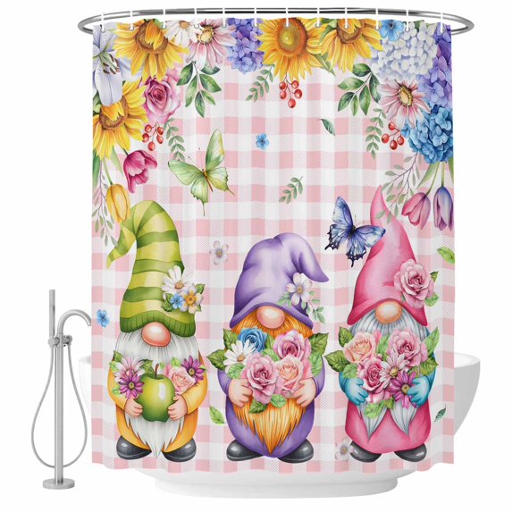 Watercolor Gnomes Floral Shower Curtain, Waterproof Shower Curtains for Bathroom, Spring Butterflies Flowers Pink Plaid Washable Fabric Bathtub Curtain Set Bath Decor with 12 Hooks 72"x78"
