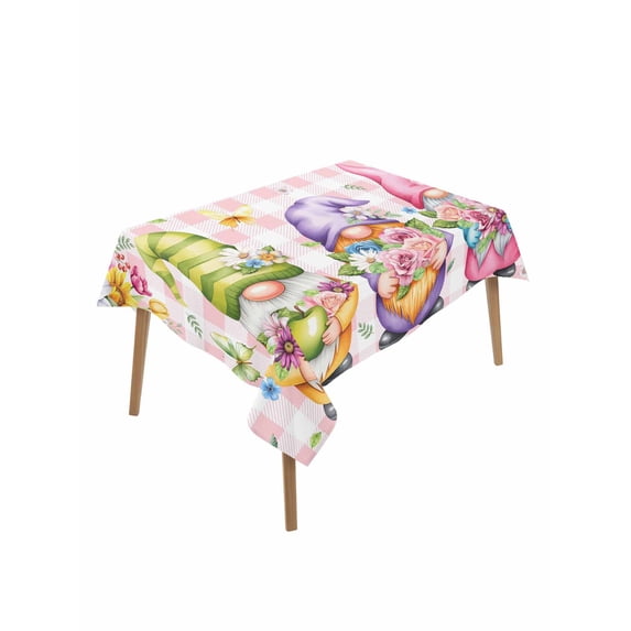 Watercolor Gnomes Floral Table Cloth, Waterproof Tablecloth for Rectangle Tables, Spring Butterflies Flowers Pink Plaid Reusable Washable Fabric Table Cover for Restaurant Kitchen Dining 52"x70"