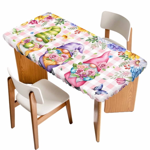 Watercolor Gnomes Floral Table Cloths for 5 Foot Rectangle Tables, Spring Butterflies Flowers Pink Plaid Patio Waterproof Elastic Fitted Tablecloths, Washable Rectangular Table Cover for Camping