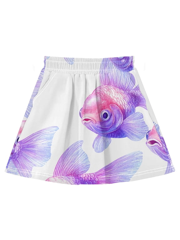 Watercolor Goldfish Pattern Cotton Skirt Built-in Liner Elastic A-Line Flared Skirt with Pockets