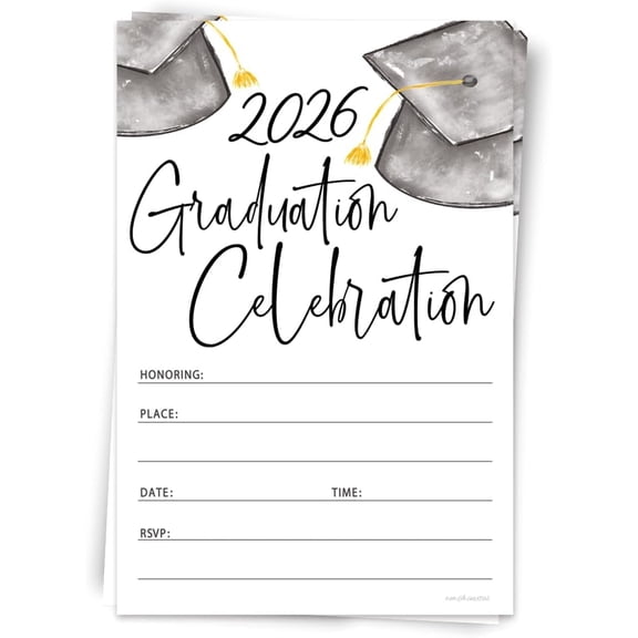 Watercolor Grad Caps 2026 Graduation Invitations With Envelopes - 20 Count Grad Party Invites