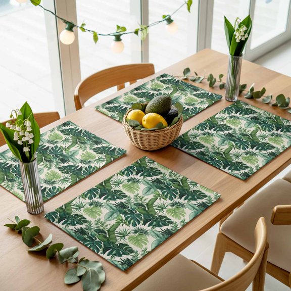 Watercolor Gradient Palm Leaves on Beige Placemats Set of 4,Wipeable Washable Table Mats for Dining Tables, Summer Plant Place Mats for Kitchen Event Party Tabletop Decor