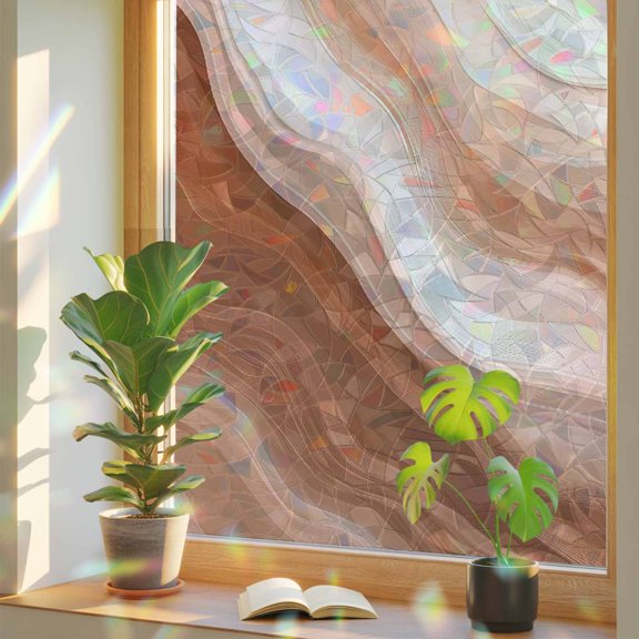 Watercolor Gradient Sea Wave Texture Window Privacy Film, Rainbow Film Decorative Window Sticker 17.7x39.3in, Stripe Art Sun Blocking Static Stained Glass Cling Tint Non-Adhesive