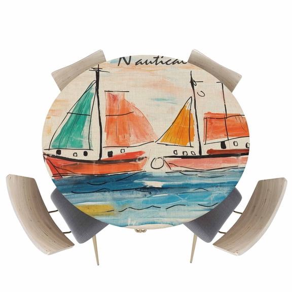Watercolor Graffiti Ocean Sailboat Fitted Round Tablecloths Elastic Edged Table Covers 36"-44",Nautical Theme on Burlap Waterproof Dining Room Kitchen Table Cloth for Holiday Party Tables Decor