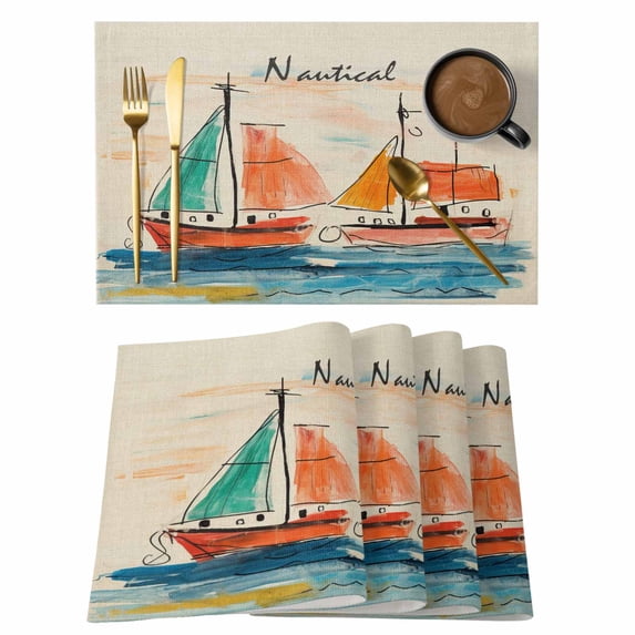 Watercolor Graffiti Ocean Sailboat Placemats Set of 6,Wipeable Washable Table Mats for Dining Tables, Nautical Theme on Burlap Place Mats for Kitchen Event Party Tabletop Decor