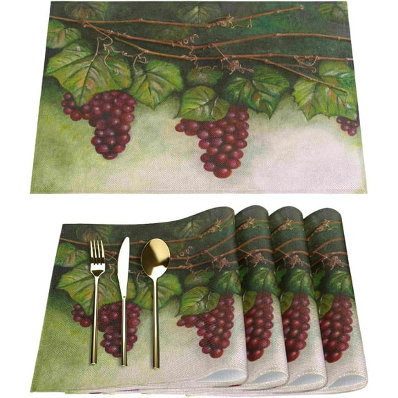 Watercolor Grapes Placemats Set of 6 Fabric Placemats Square Placemat for Kitchen Table Heat Resistant, Easy to Clean Table Placemats 12x18 Inch