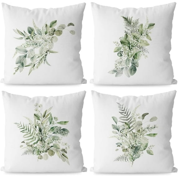Watercolor Green Botanical Fern Eucalyptus Leaves Tropical Plant Throw Pillow Covers,Summer Plant Throw Pillow Covers 18×18 Inch Set of 4,Home Living Room Decor,Plant Lover Gifts for Women