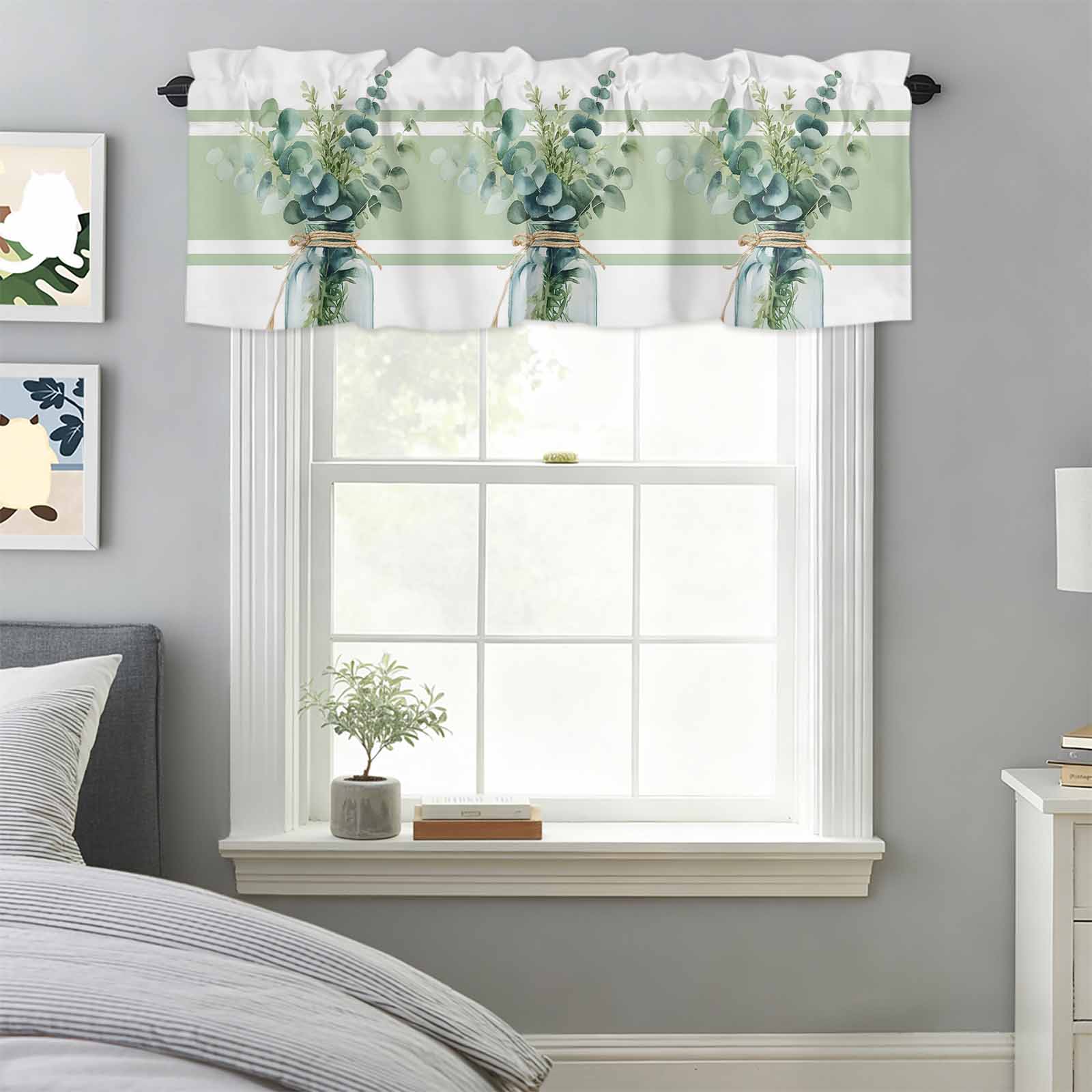 Watercolor Green Botanical Leaves Valances for Windows,Rod Pocket ...