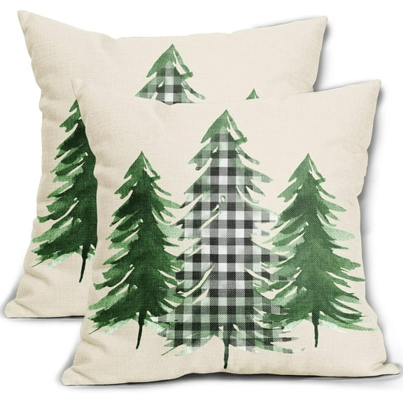 Watercolor Green Christmas Tree Pillow Covers 18x18 Set of 2 Winter Themed Buffalo Plaid Tree Rustic Style Decorative Throw Pillows Outdoor Farmhouse Linen Pillowcase Holiday Square Cushion Case