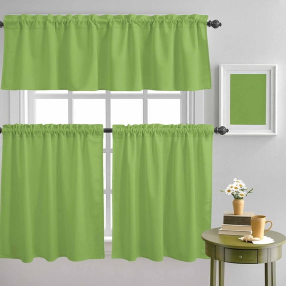 Watercolor Green Curtain Tier and Valance Set 3 Piece, Solid Color 3-inch Rod Pocket Window Tier Curtains Valance for Kitchen Living Room