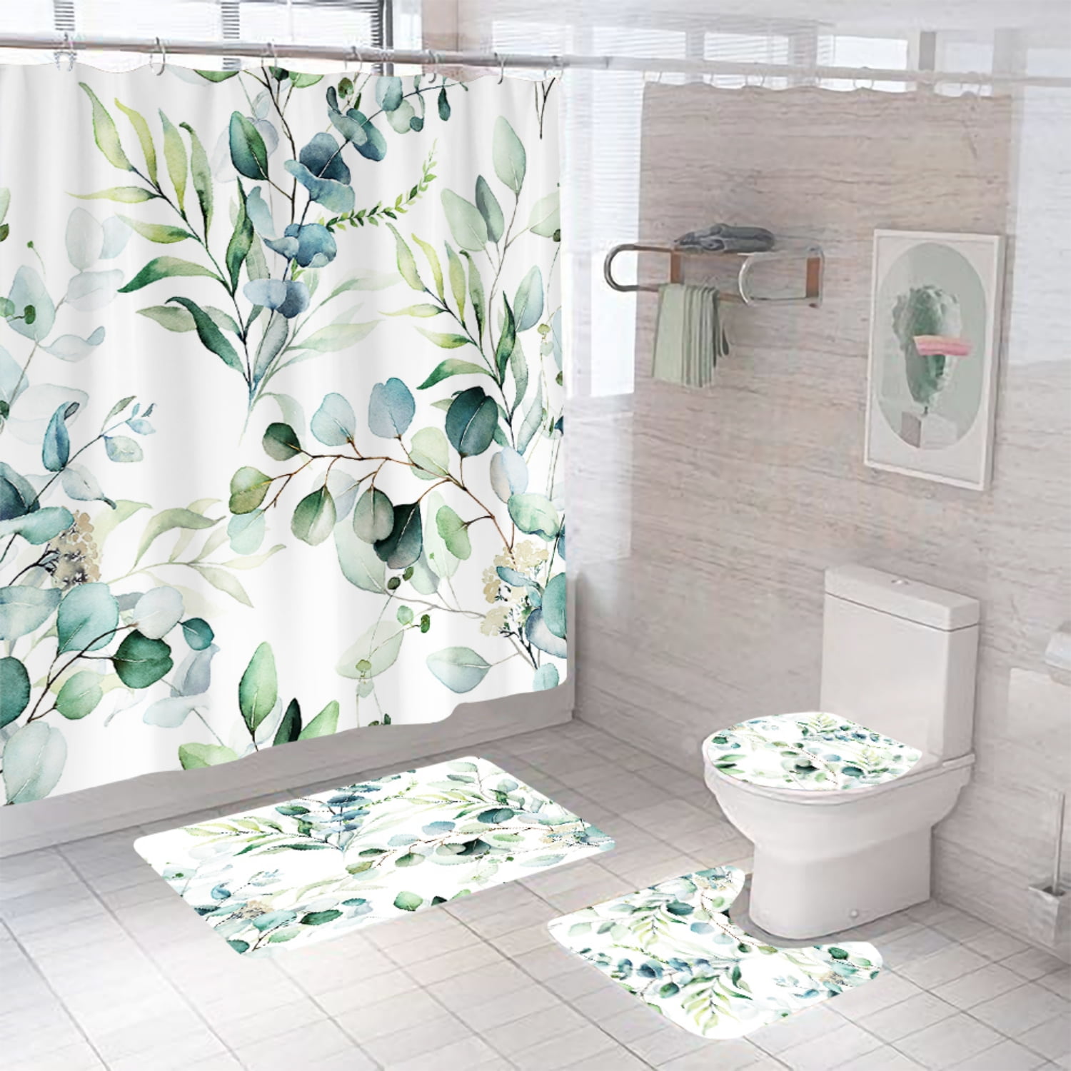 Watercolor Green Eucalyptus Shower Curtain and Bath Rug Set 4 Pcs ...