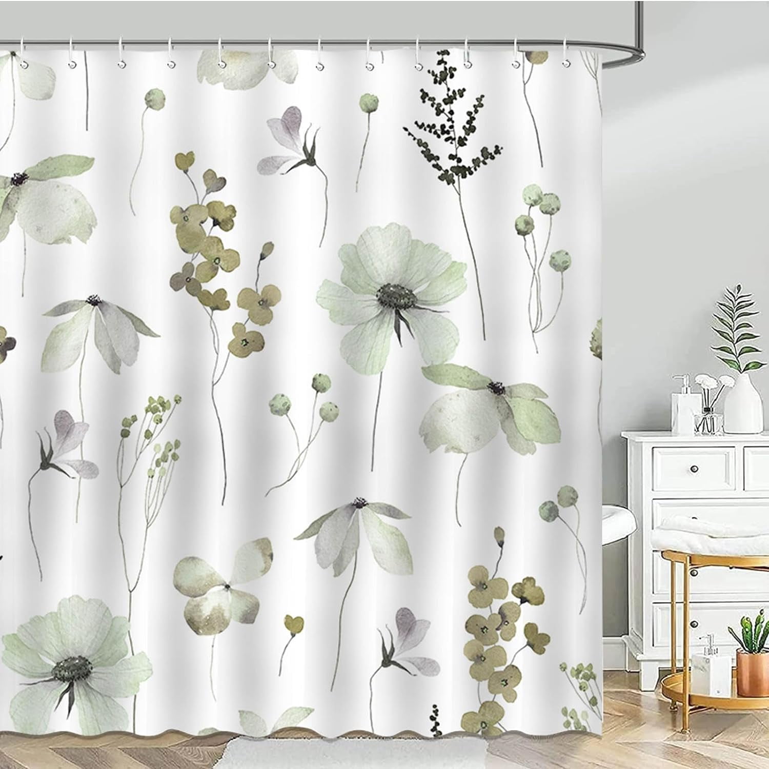 Watercolor Green Floral Shower Curtain, Sage Green Beige Flower Shower ...