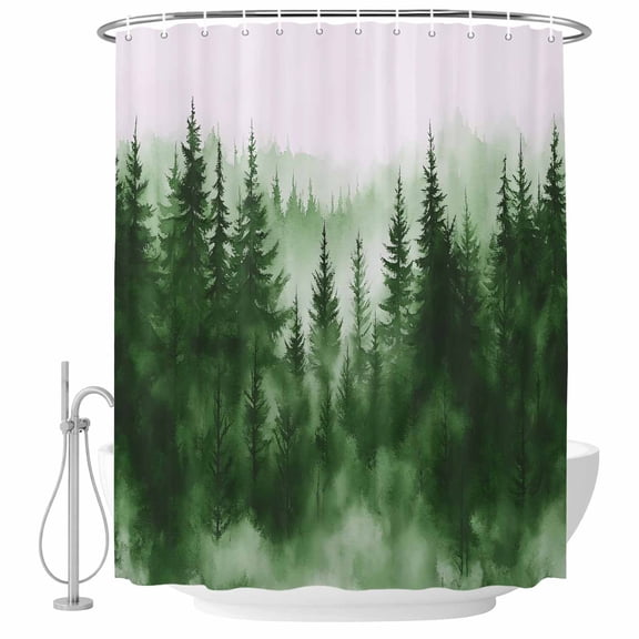 Watercolor Green Forest Fabric Shower Curtain Sky Trees Washable Shower Curtains for Bathroom, Waterproof Bath Curtain with Hooks Home Decor 36x72in