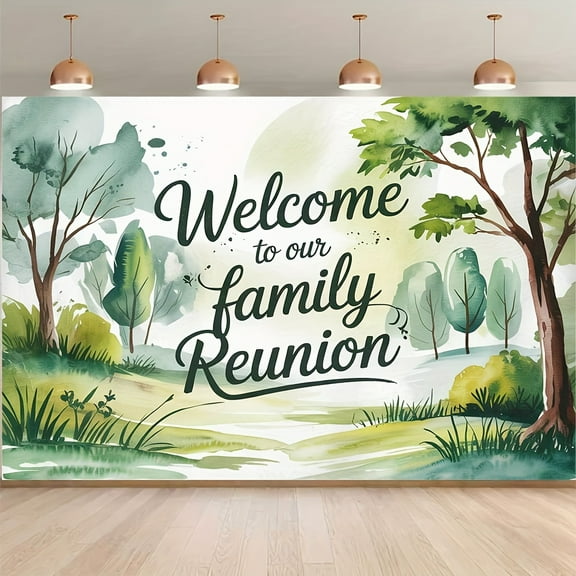 Watercolor Green Forest Family Reunion Backdrop Welcome to Our Family Reunion Photography Background with Lush Trees Grass Decorations for Sweet Home Housewarming Party Cake Smash Photo Props