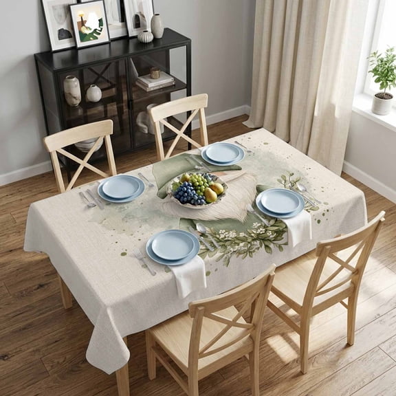 Watercolor Green Gnome Rectangle Tablecloth 52x70 Inch White Flowers Leaf Waterproof Polyester Tablecloth for Dining Table, Washable Table Cover for Kitchen Dining Room Decoration,Stain Resistant