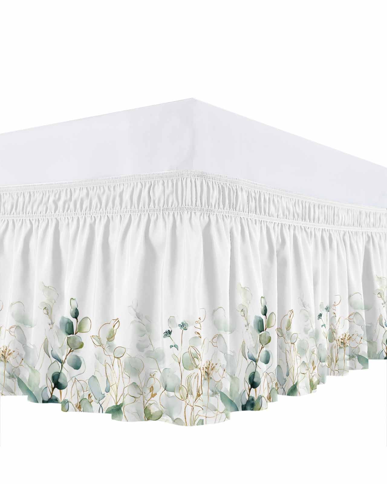 Watercolor Green Leaf Bed Skirt Queen Size 18 Inch Drop, Eucalyptus Leaves Abstract Art Adjustable Elastic Dust Ruffles Bedskirt for Queen Bed Wrap Around Pleated Mattress Frame Cover