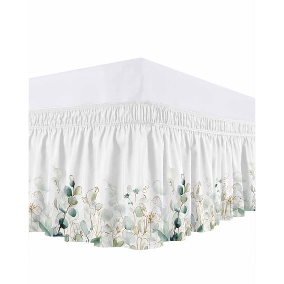 Watercolor Green Leaf Bed Skirt Queen Size 18 Inch Drop, Eucalyptus Leaves Abstract Art Adjustable Elastic Dust Ruffles Bedskirt for Queen Bed Wrap Around Pleated Mattress Frame Cover