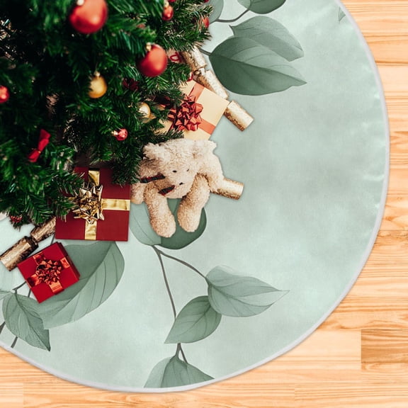 Watercolor Green Leaf Christmas Tree Skirt Stand Mat Waterproof Floor Protection Mat for Holiday Decoration