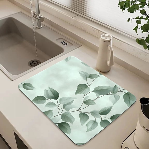 Watercolor Green Leaf Dish Drying Mat for Kitchen Counter Absorbent Drainer Mats (15.7X11.8Inch)